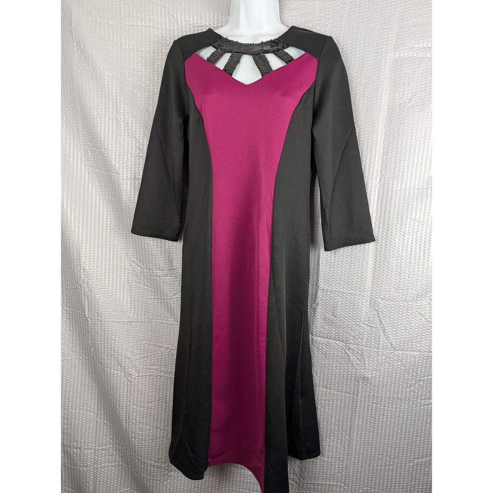 Slinky Brand Womens S Black Magenta Color Block Sequin Cutout Neck Midi Dress
